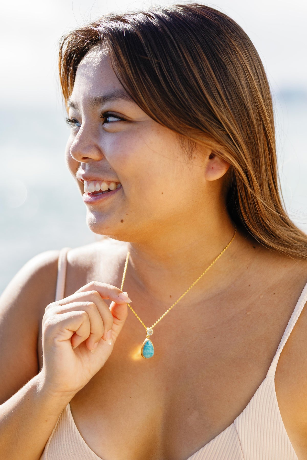 Aranya – Teardrop Larimar Pendant Necklace in Gold Vermeil