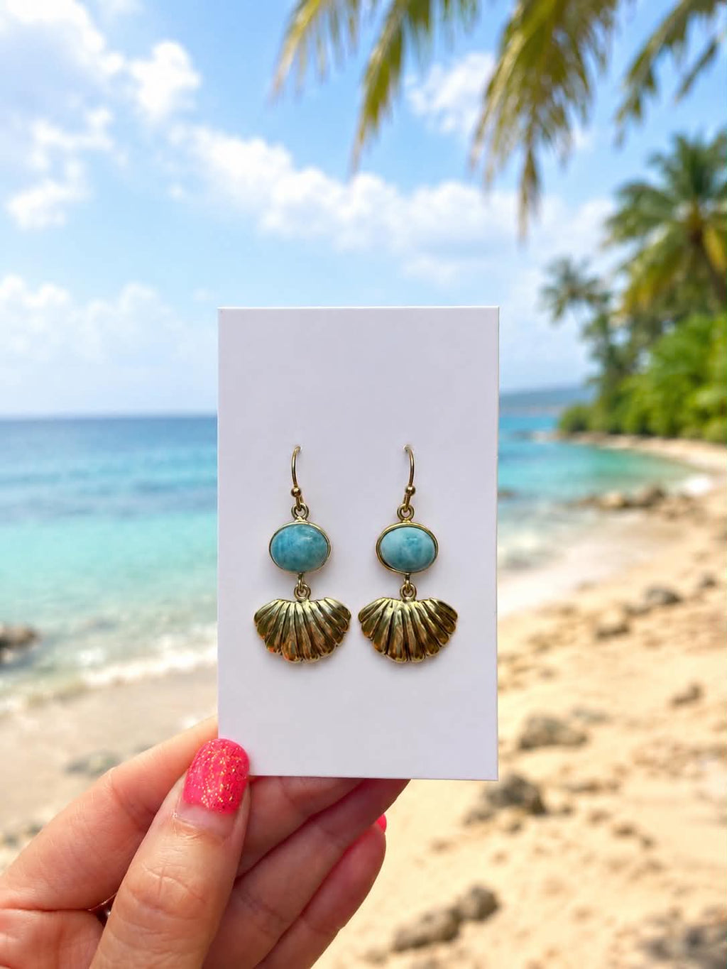 Ocean Shell – Larimar Shell Drop Earrings in Gold Vermeil