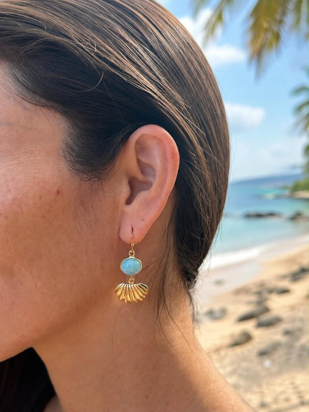 Ocean Shell – Larimar Shell Drop Earrings in Gold Vermeil