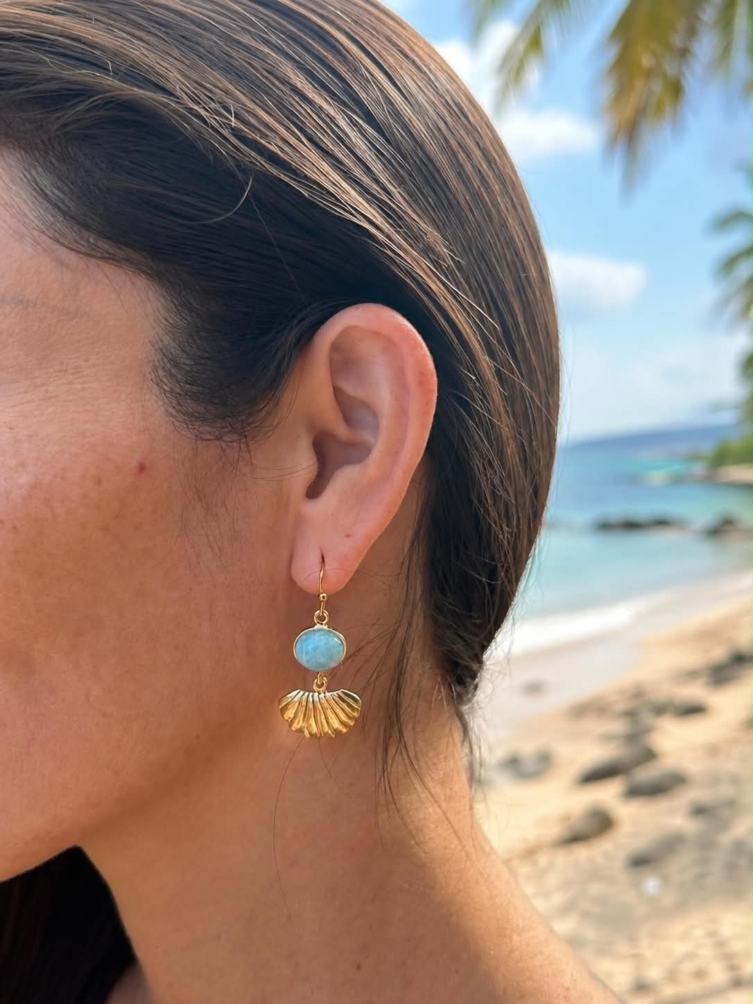 Ocean Shell – Larimar Shell Drop Earrings in Gold Vermeil